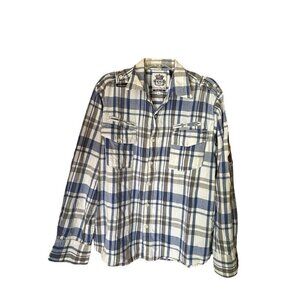 AKDMKS Button-Up Shirt Men's Size 2XL Blue Plaid Chest Pocket Check